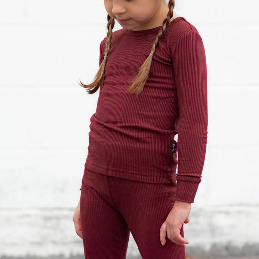 LONG SLEEVE 2 PIECE SETS - Oxblood Ribbed - Tenth & Pine - Bamboo 2 Piece PJ - RIB - 12/18m