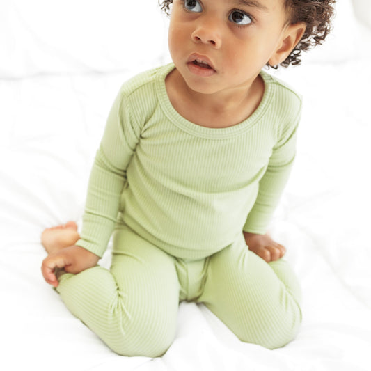 LONG SLEEVE 2 PIECE SETS - Pistachio Ribbed - Tenth & Pine - Bamboo 2 Piece PJ - RIB - 12/18m