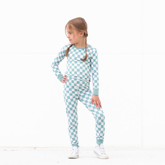 LONG SLEEVE 2 PIECE SETS - Sage Check - Tenth & Pine - Bamboo 2 Piece PJ - 12/18m