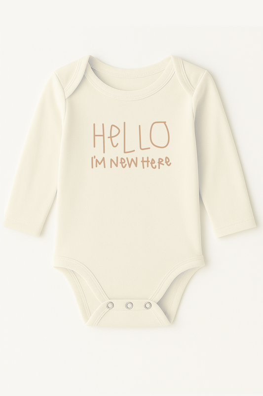 Hello I'm New Here Clay Organic Cotton Baby Bodysuit Long Sleeve