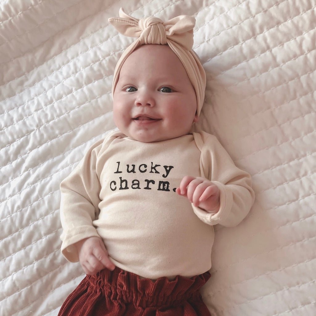 Lucky Charm - Long Sleeve Organic Baby Bodysuit - Tenth &amp; Pine - Long Sleeve Onesie - Black - 0 - 3M