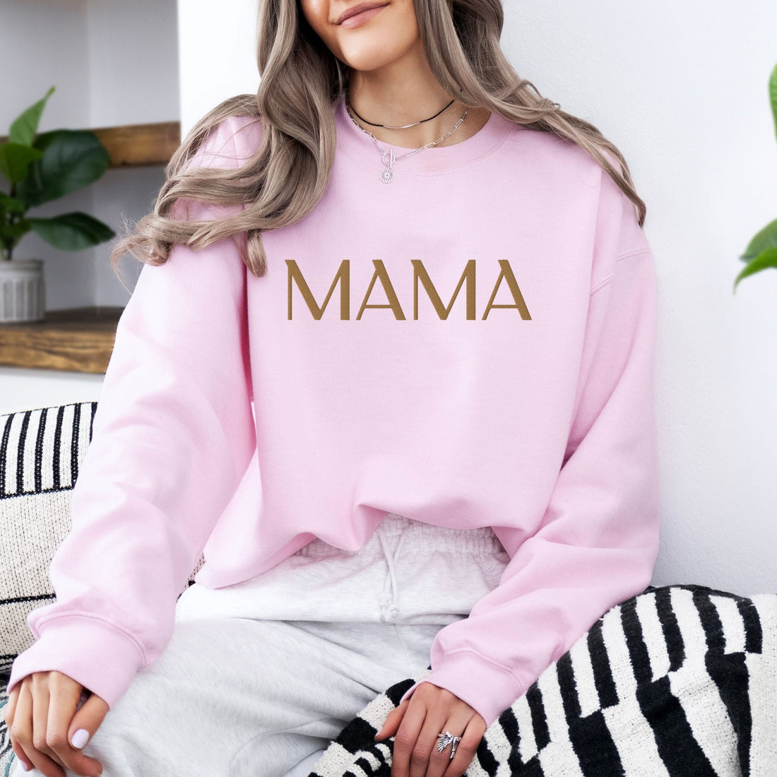 MAMA Embroidered | Adult Sweatshirt Gildan - Tenth &amp; Pine - Adult Sweatshirt - S - Light Pink