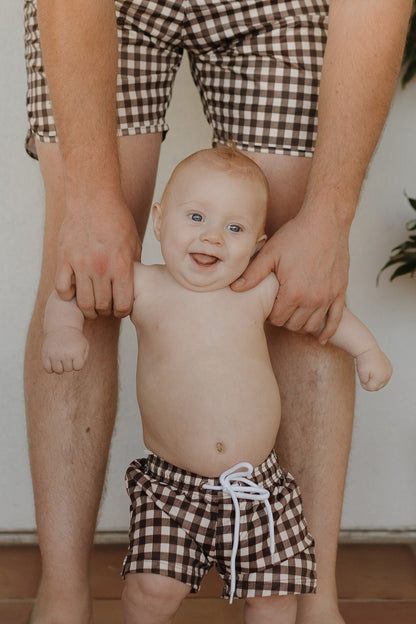 Men's Boardshort | Chocolate Gingham - Tenth & Pine - Swim Shorts - Small - forever french baby