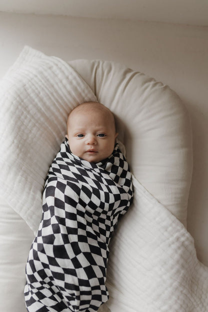 Muslin Swaddle | Black &amp; White Wavy Checkerboard - Tenth &amp; Pine - Swaddle - 