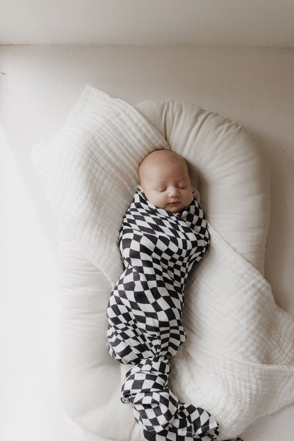 Muslin Swaddle | Black &amp; White Wavy Checkerboard - Tenth &amp; Pine - Swaddle - 