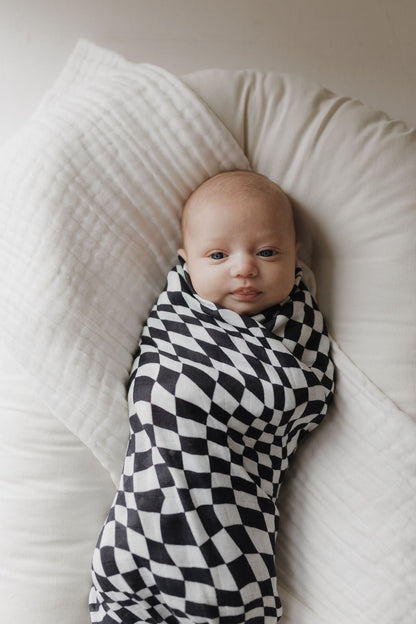 Muslin Swaddle | Black &amp; White Wavy Checkerboard - Tenth &amp; Pine - Swaddle - 