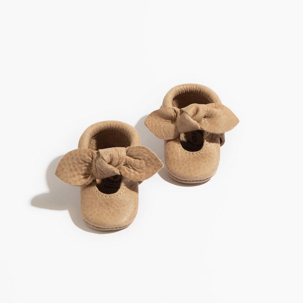 Newborn Weathered Brown Knotted Bow Baby Shoe - Tenth &amp; Pine - Knotted Bow Mocc - Soft Sole - Newborn