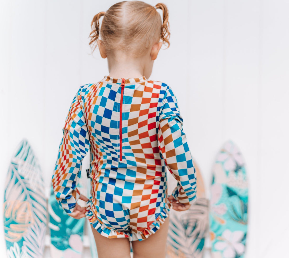RUFFLE RASH GUARD - Groovy Check - Tenth &amp; Pine - Ruffle Rash Guard - 6/12m - millie + roo