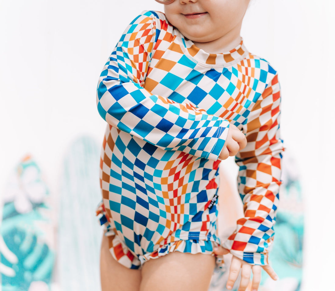 RUFFLE RASH GUARD - Groovy Check - Tenth &amp; Pine - Ruffle Rash Guard - 6/12m - millie + roo