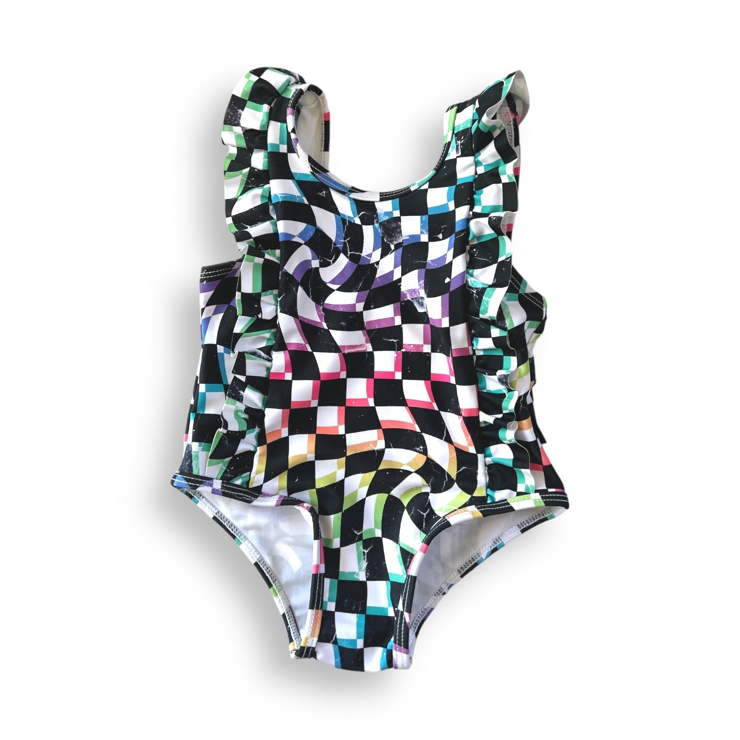 RUFFLE SWIMSUIT - Neon Dizzy Check - Tenth &amp; Pine - Ruffle Swimsuit - 6/12m - millie + roo
