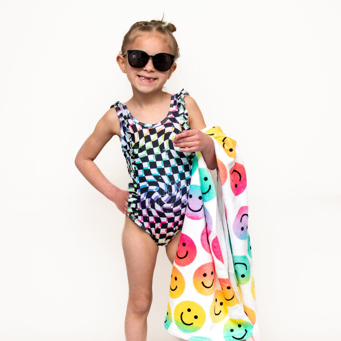 RUFFLE SWIMSUIT - Neon Dizzy Check - Tenth &amp; Pine - Ruffle Swimsuit - 6/12m - millie + roo