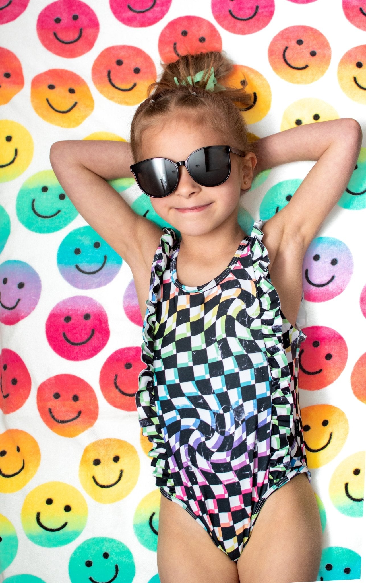 RUFFLE SWIMSUIT - Neon Dizzy Check - Tenth &amp; Pine - Ruffle Swimsuit - 6/12m - millie + roo