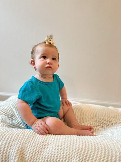 Short Sleeve Snap Romper | Turquoise | Luxury Bamboo - Tenth &amp; Pine - BAMBOO ROMPER