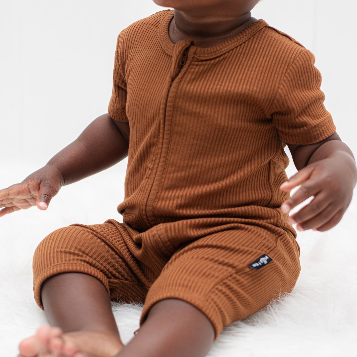 SHORTIE ZIP ROMPER - Bark Ribbed - Tenth & Pine - shortie zip rompers - rib - 0/3m