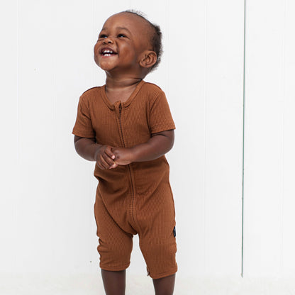 SHORTIE ZIP ROMPER - Bark Ribbed - Tenth & Pine - shortie zip rompers - rib - 0/3m