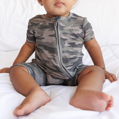 SHORTIE ZIP ROMPER - Chris Camo Ribbed - Tenth & Pine - shortie zip rompers - rib - 0/3m