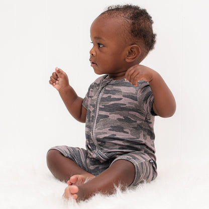 SHORTIE ZIP ROMPER - Chris Camo Ribbed - Tenth & Pine - shortie zip rompers - rib - 0/3m