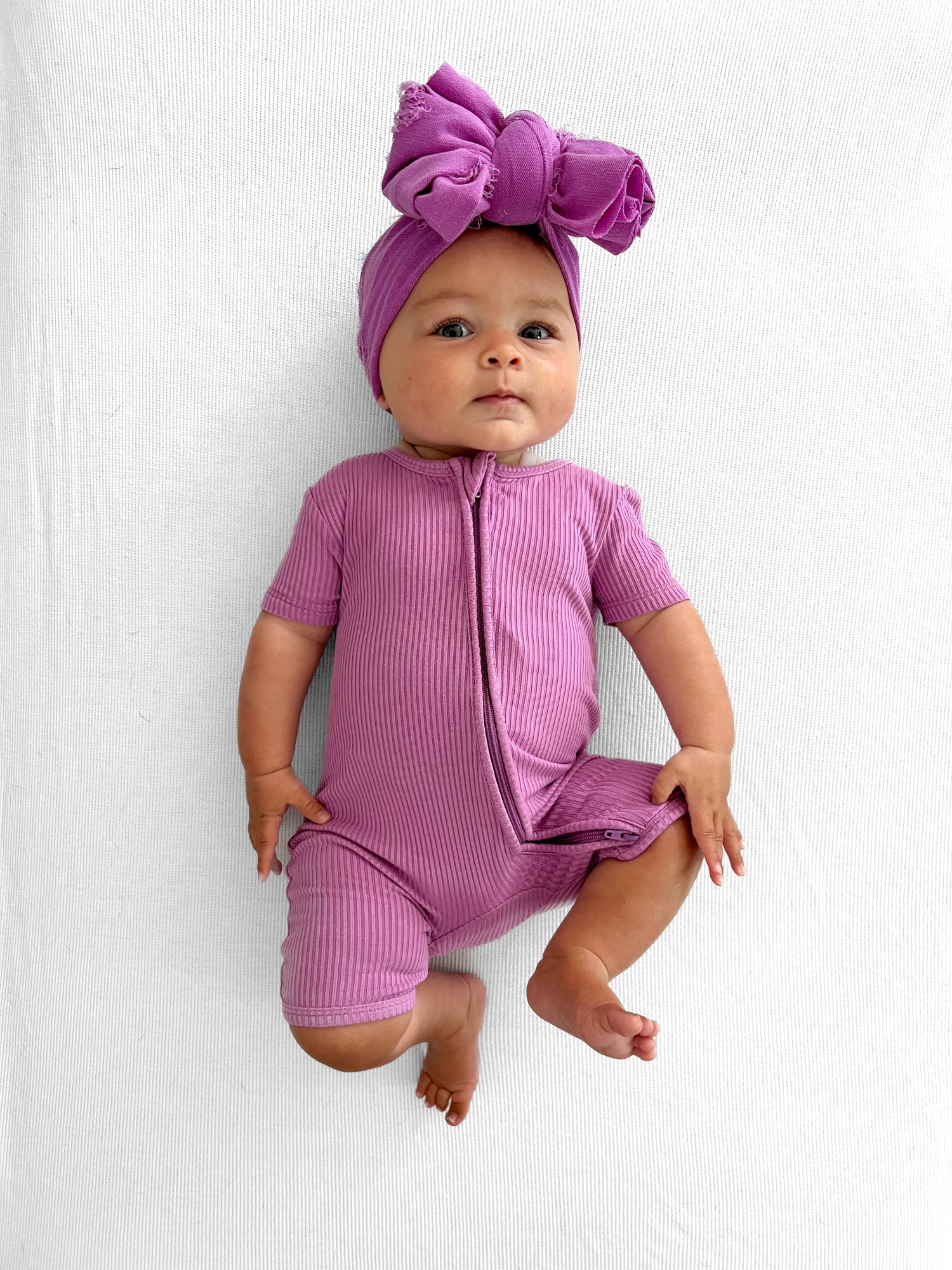 SHORTIE ZIP ROMPER - Lilac Ribbed - Tenth &amp; Pine - shortie zip rompers - rib - 0/3m
