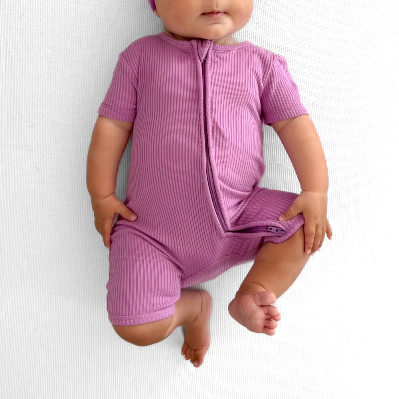 SHORTIE ZIP ROMPER - Lilac Ribbed - Tenth & Pine - shortie zip rompers - rib - 0/3m