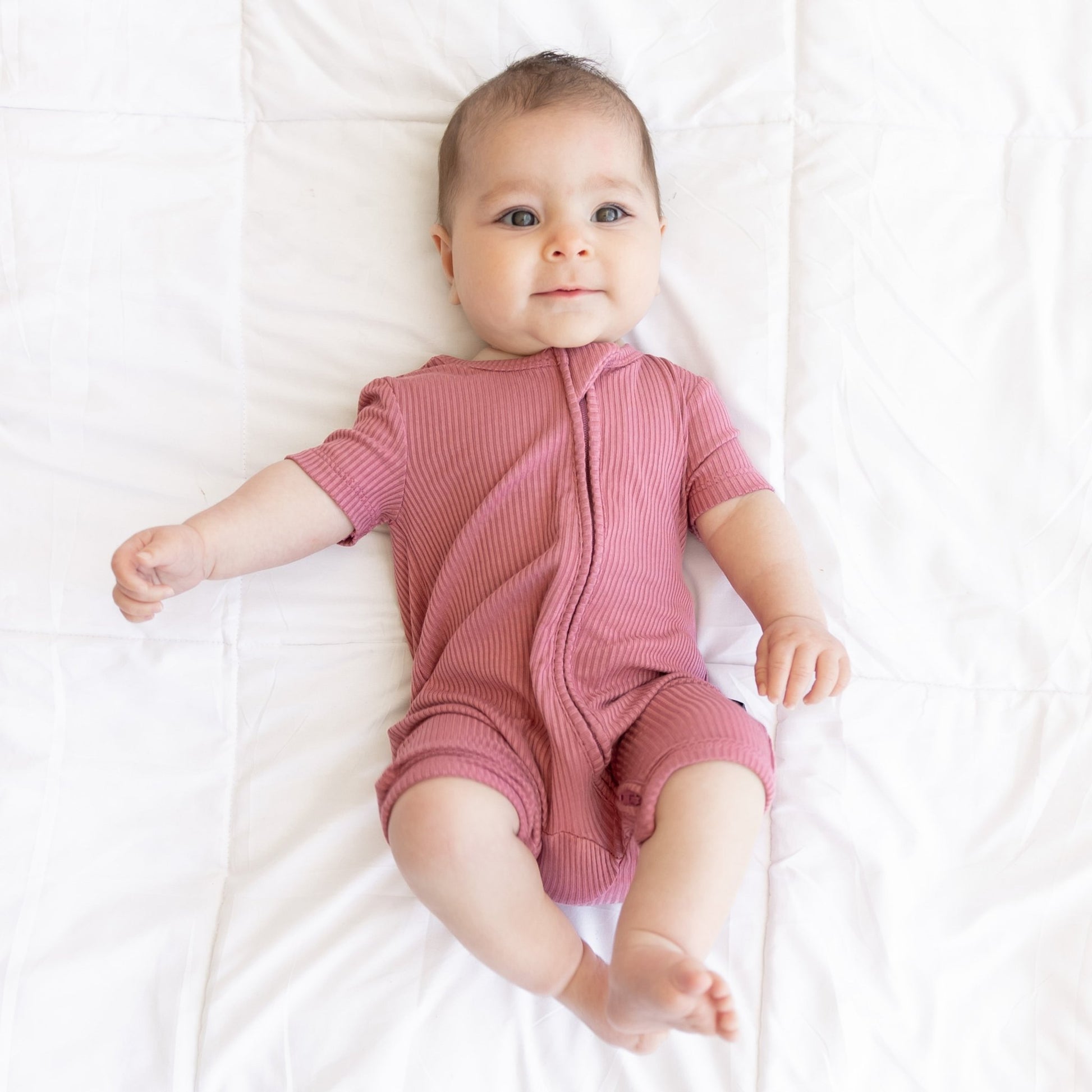 SHORTIE ZIP ROMPER - Mauve Ribbed - Tenth & Pine - shortie zip rompers - rib - 0/3m