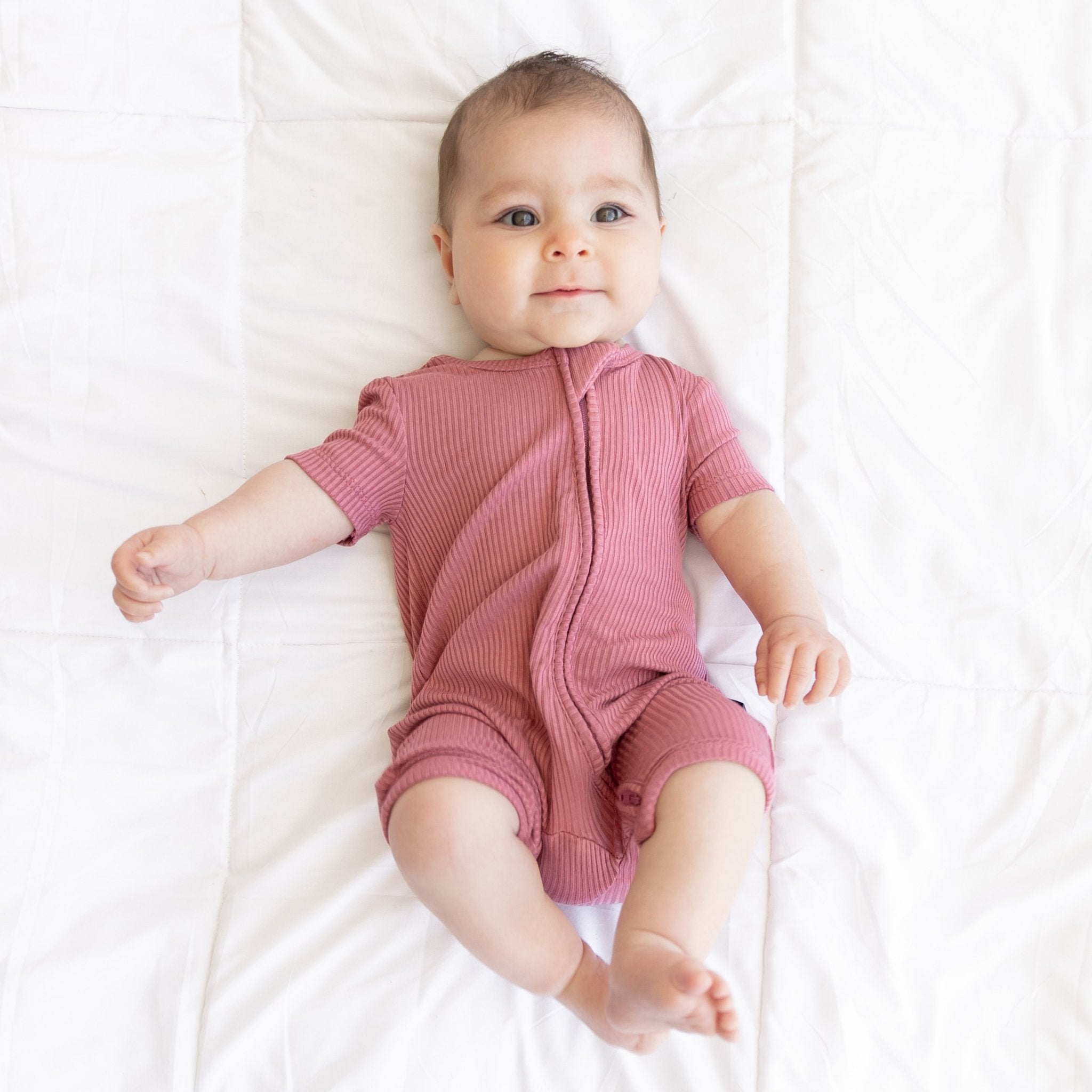 SHORTIE ZIP ROMPER - Mauve Ribbed - Tenth &amp; Pine - shortie zip rompers - rib - 0/3m