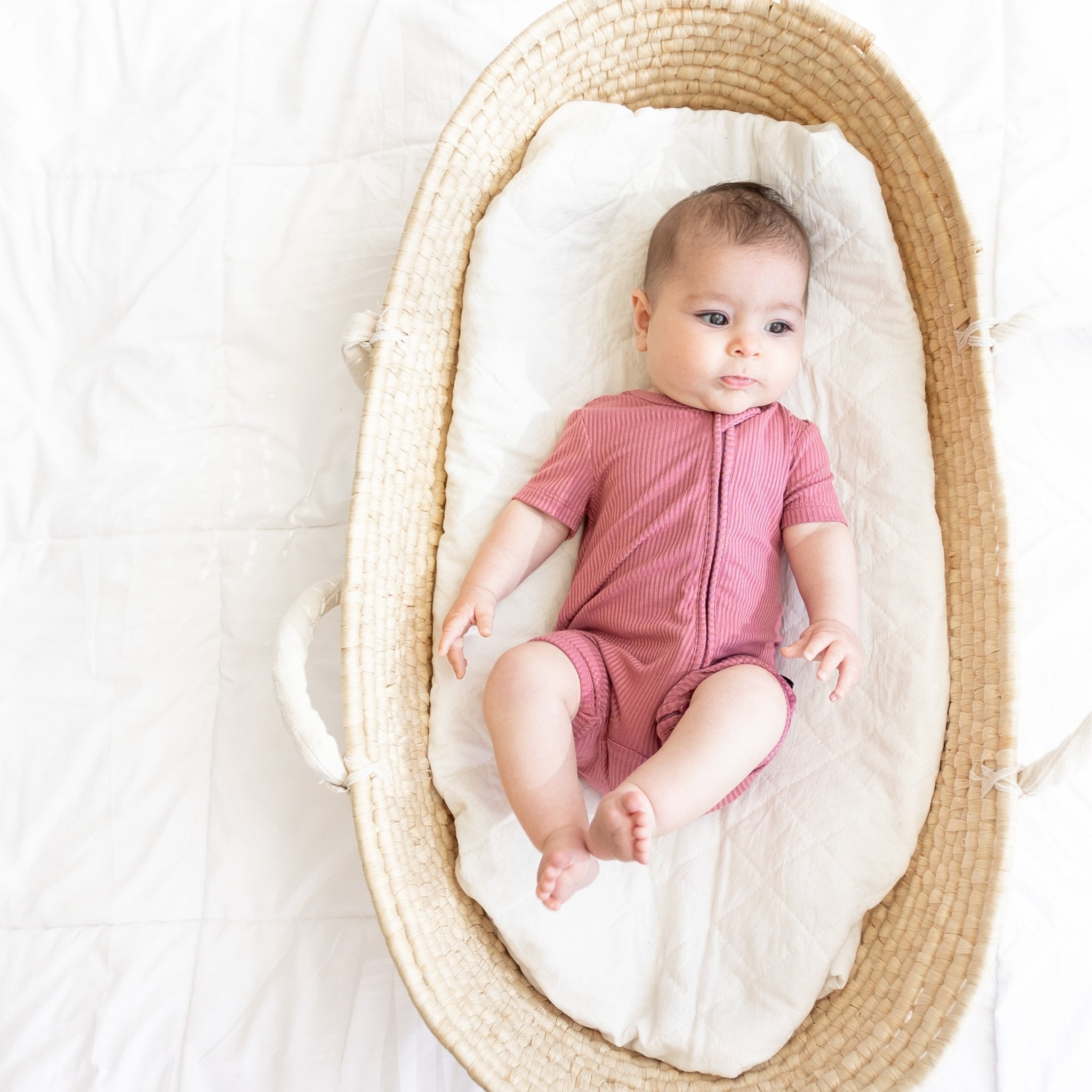SHORTIE ZIP ROMPER - Mauve Ribbed - Tenth &amp; Pine - shortie zip rompers - rib - 0/3m