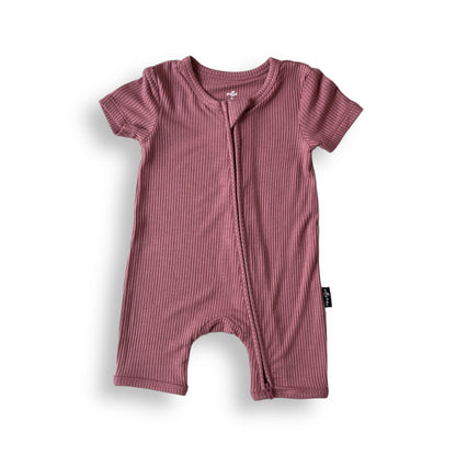 SHORTIE ZIP ROMPER - Mauve Ribbed - Tenth & Pine - shortie zip rompers - rib - 0/3m