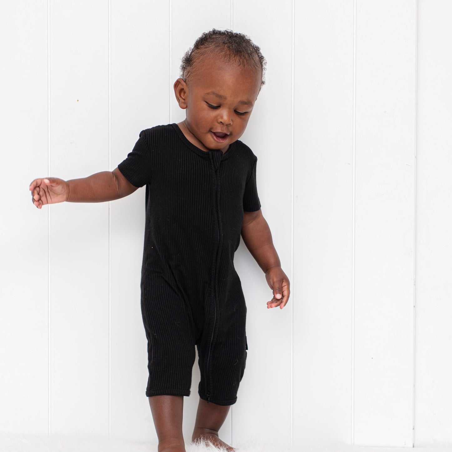 SHORTIE ZIP ROMPER - Midnight Ribbed - Tenth & Pine - shortie zip rompers - rib - 0/3m