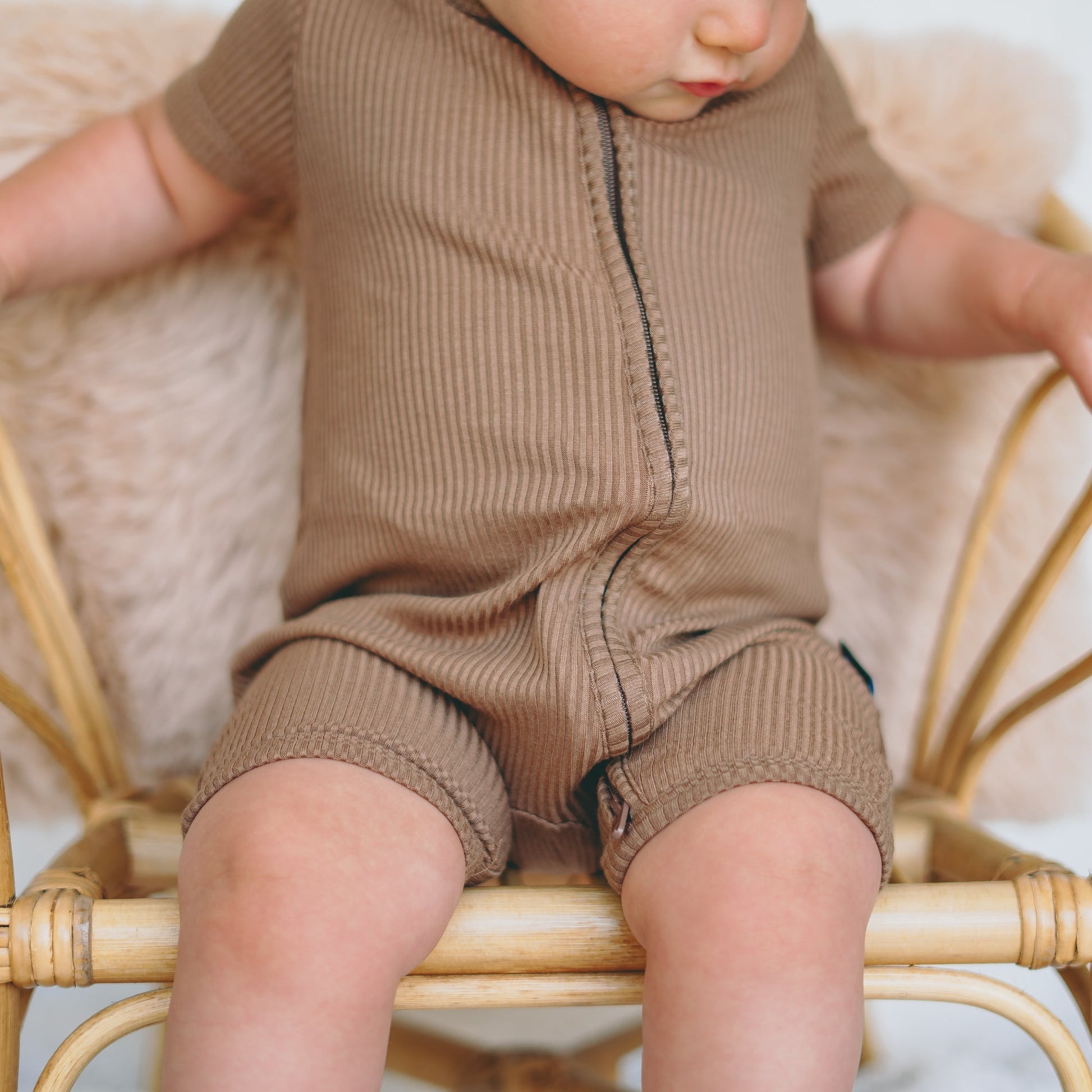 SHORTIE ZIP ROMPER - Mocha Ribbed - Tenth & Pine - shortie zip rompers - rib - 0/3m