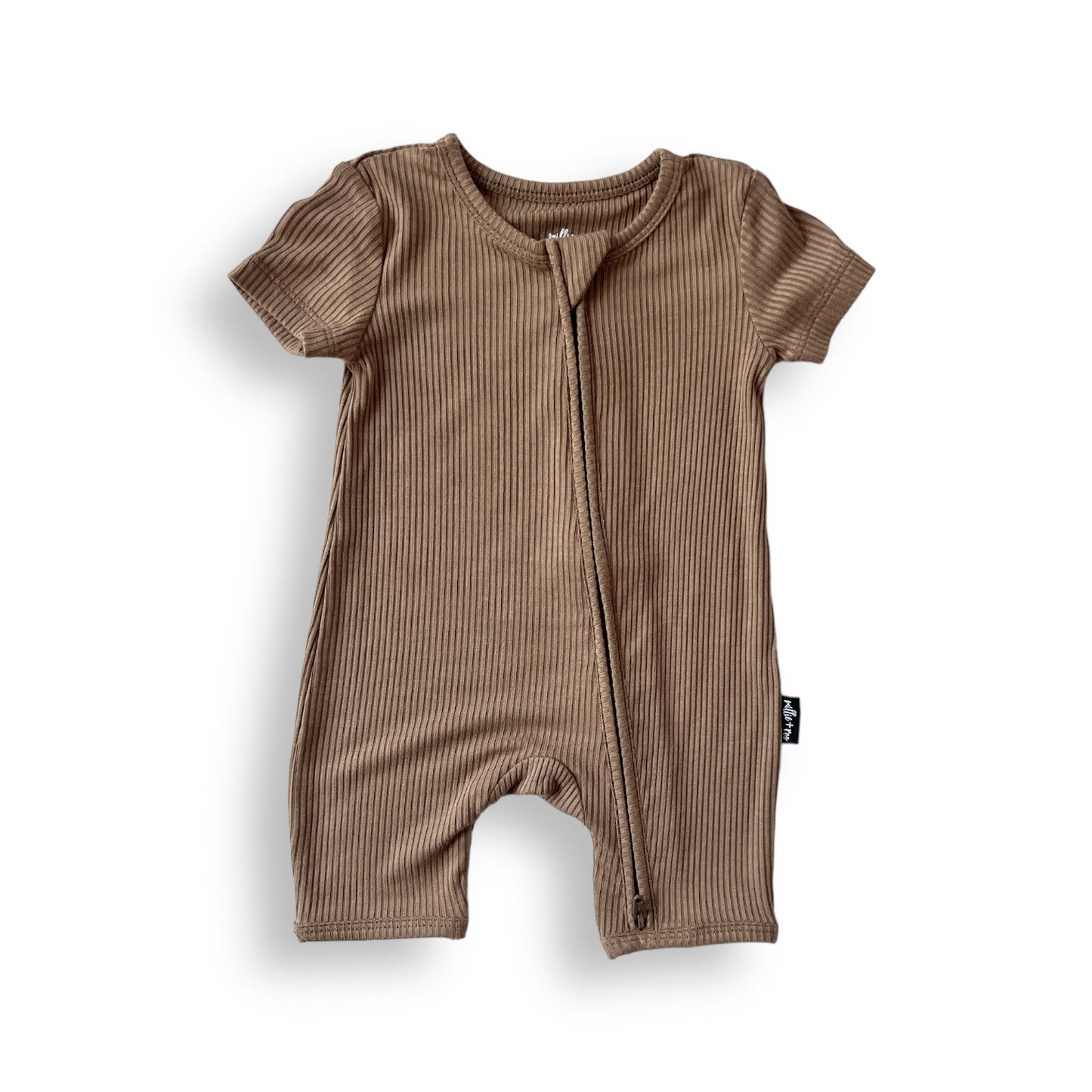 SHORTIE ZIP ROMPER - Mocha Ribbed - Tenth & Pine - shortie zip rompers - rib - 0/3m