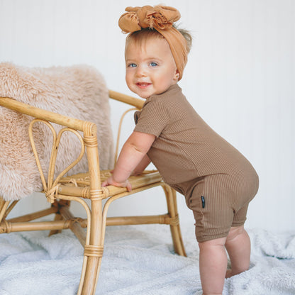 SHORTIE ZIP ROMPER - Mocha Ribbed - Tenth & Pine - shortie zip rompers - rib - 0/3m