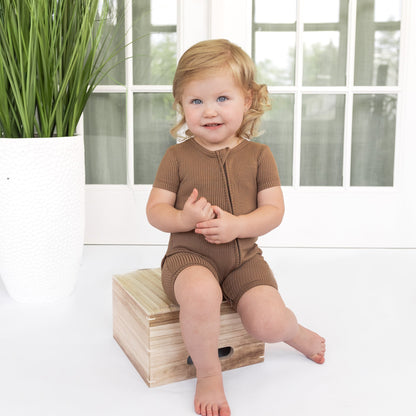 SHORTIE ZIP ROMPER - Mocha Ribbed - Tenth & Pine - shortie zip rompers - rib - 0/3m