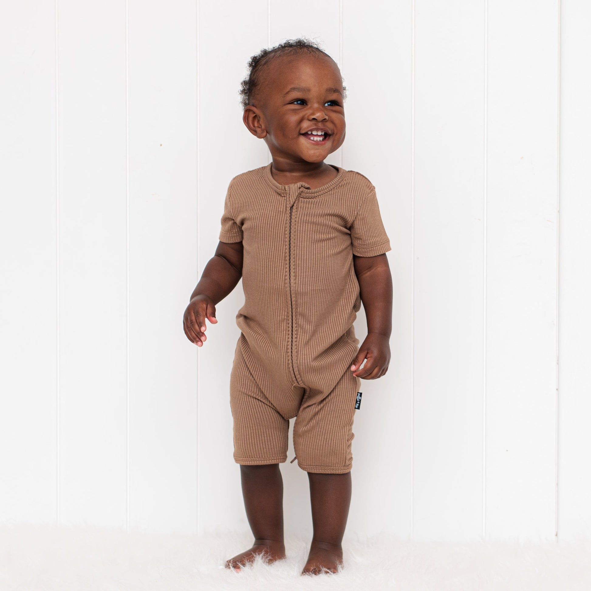 SHORTIE ZIP ROMPER - Mocha Ribbed - Tenth & Pine - shortie zip rompers - rib - 0/3m