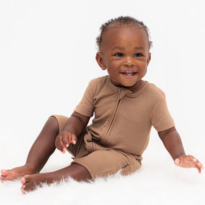 SHORTIE ZIP ROMPER - Mocha Ribbed - Tenth & Pine - shortie zip rompers - rib - 0/3m