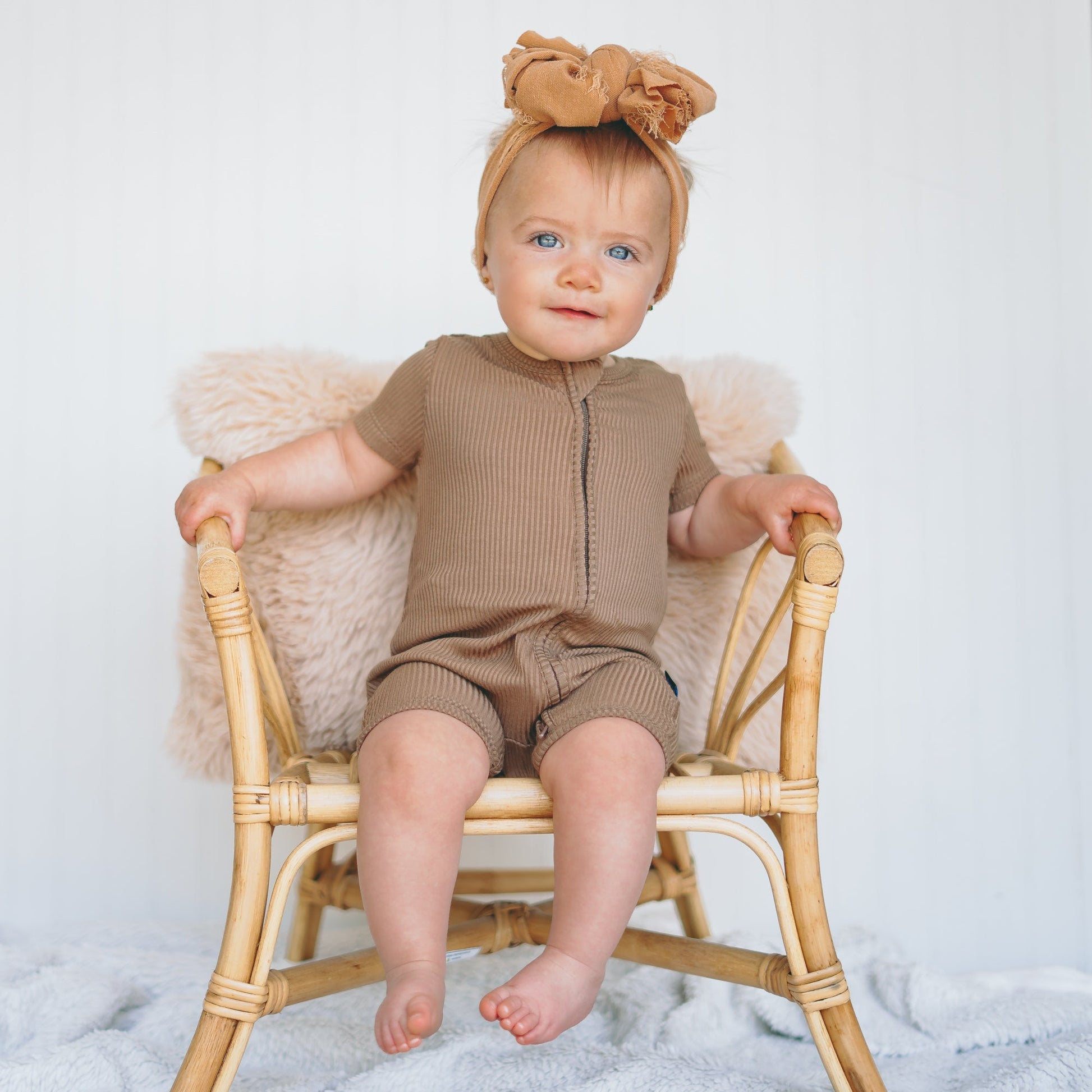 SHORTIE ZIP ROMPER - Mocha Ribbed - Tenth & Pine - shortie zip rompers - rib - 0/3m