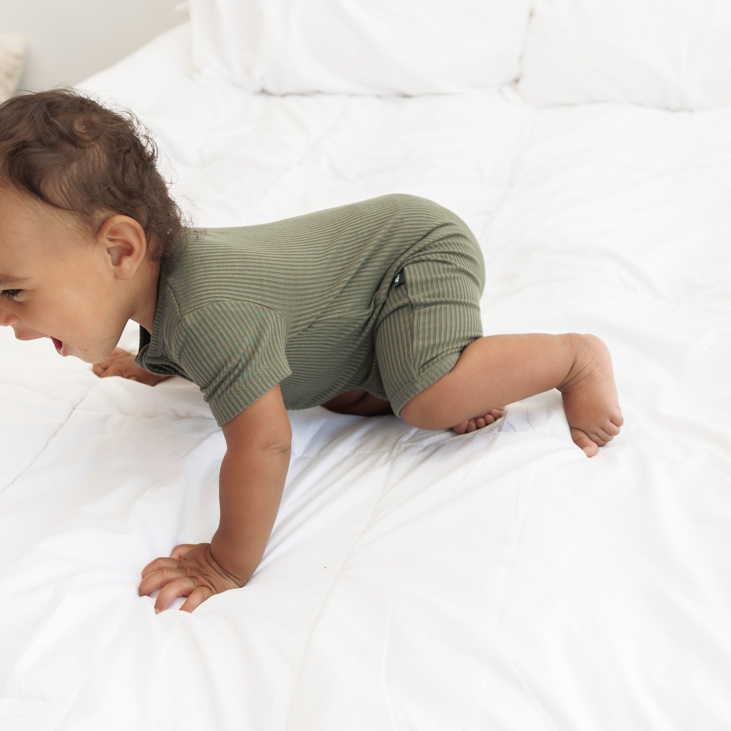 SHORTIE ZIP ROMPER - Moss Ribbed - Tenth &amp; Pine - shortie zip rompers - rib - 0/3m