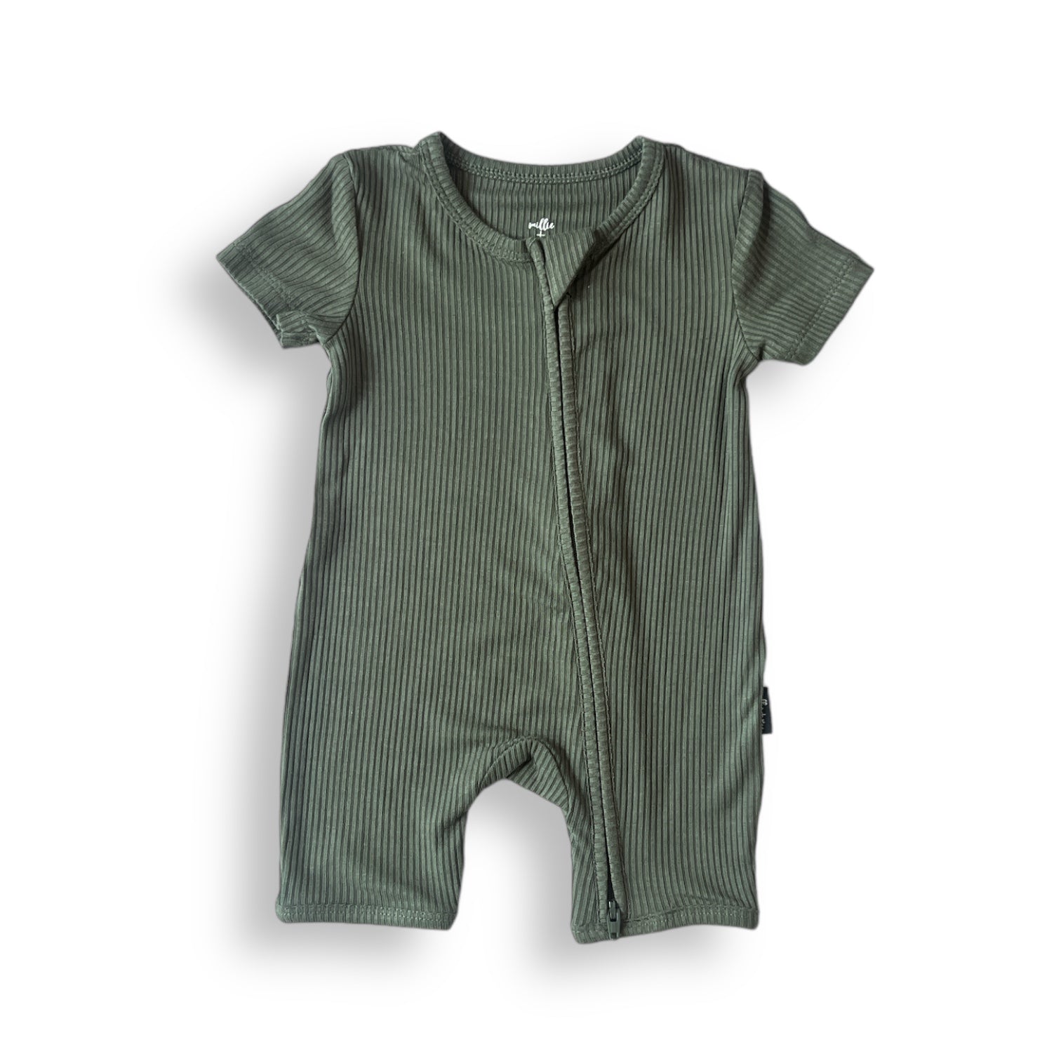 SHORTIE ZIP ROMPER - Moss Ribbed - Tenth & Pine - shortie zip rompers - rib - 0/3m