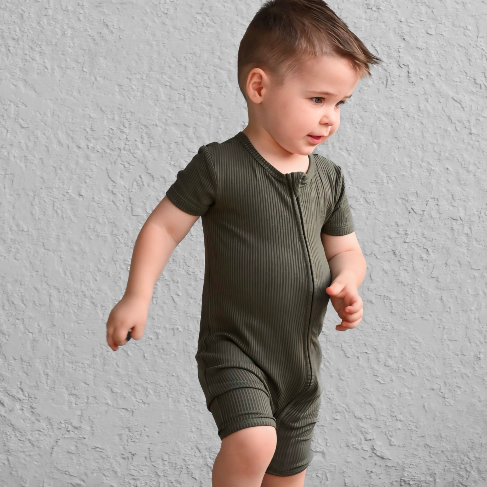 SHORTIE ZIP ROMPER - Moss Ribbed - Tenth &amp; Pine - shortie zip rompers - rib - 0/3m