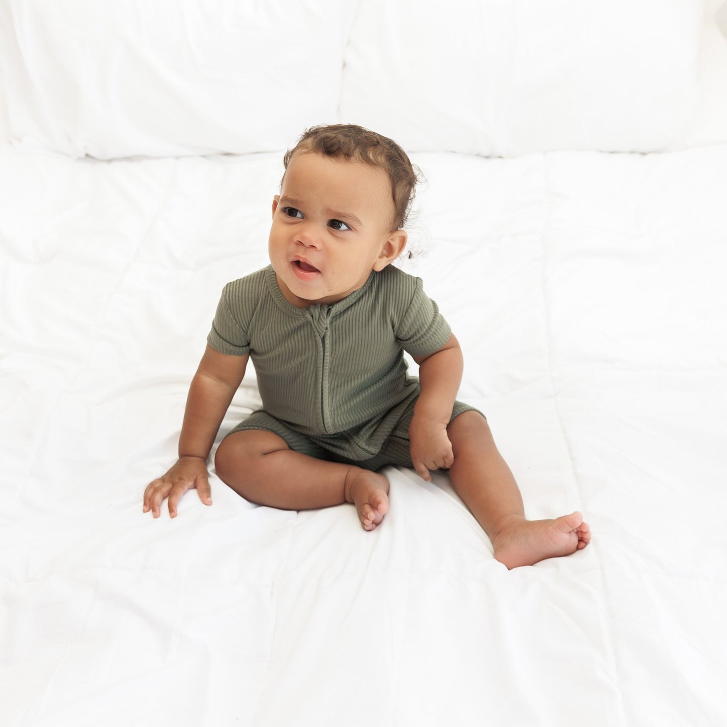 SHORTIE ZIP ROMPER - Moss Ribbed - Tenth & Pine - shortie zip rompers - rib - 0/3m