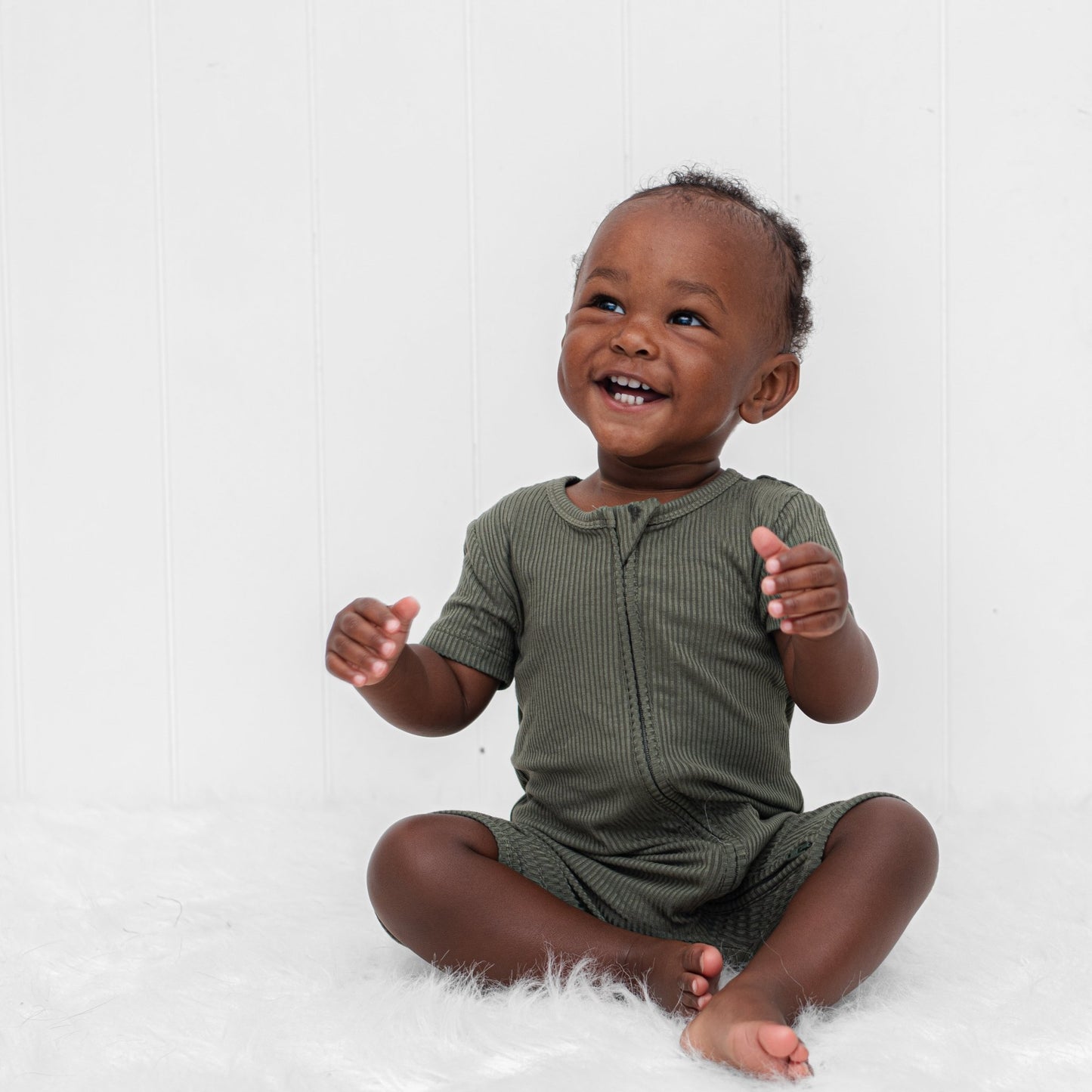 SHORTIE ZIP ROMPER - Moss Ribbed - Tenth & Pine - shortie zip rompers - rib - 0/3m