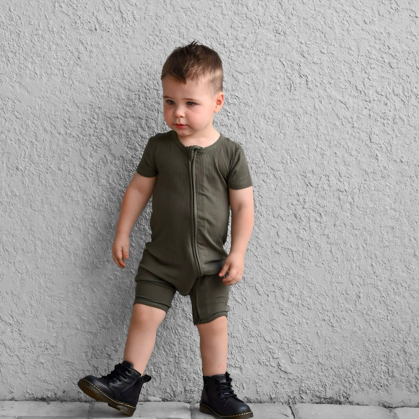 SHORTIE ZIP ROMPER - Moss Ribbed - Tenth & Pine - shortie zip rompers - rib - 0/3m