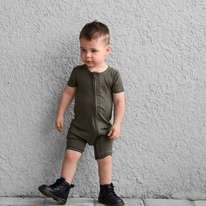 SHORTIE ZIP ROMPER - Moss Ribbed - Tenth & Pine - shortie zip rompers - rib - 0/3m