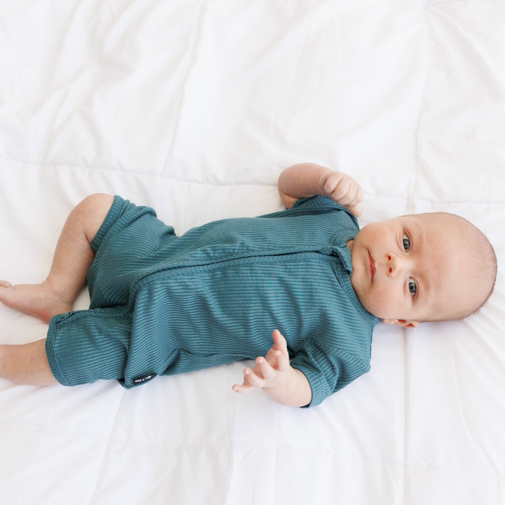 SHORTIE ZIP ROMPER - Peacock Ribbed - Tenth &amp; Pine - shortie zip rompers - rib - 0/3m
