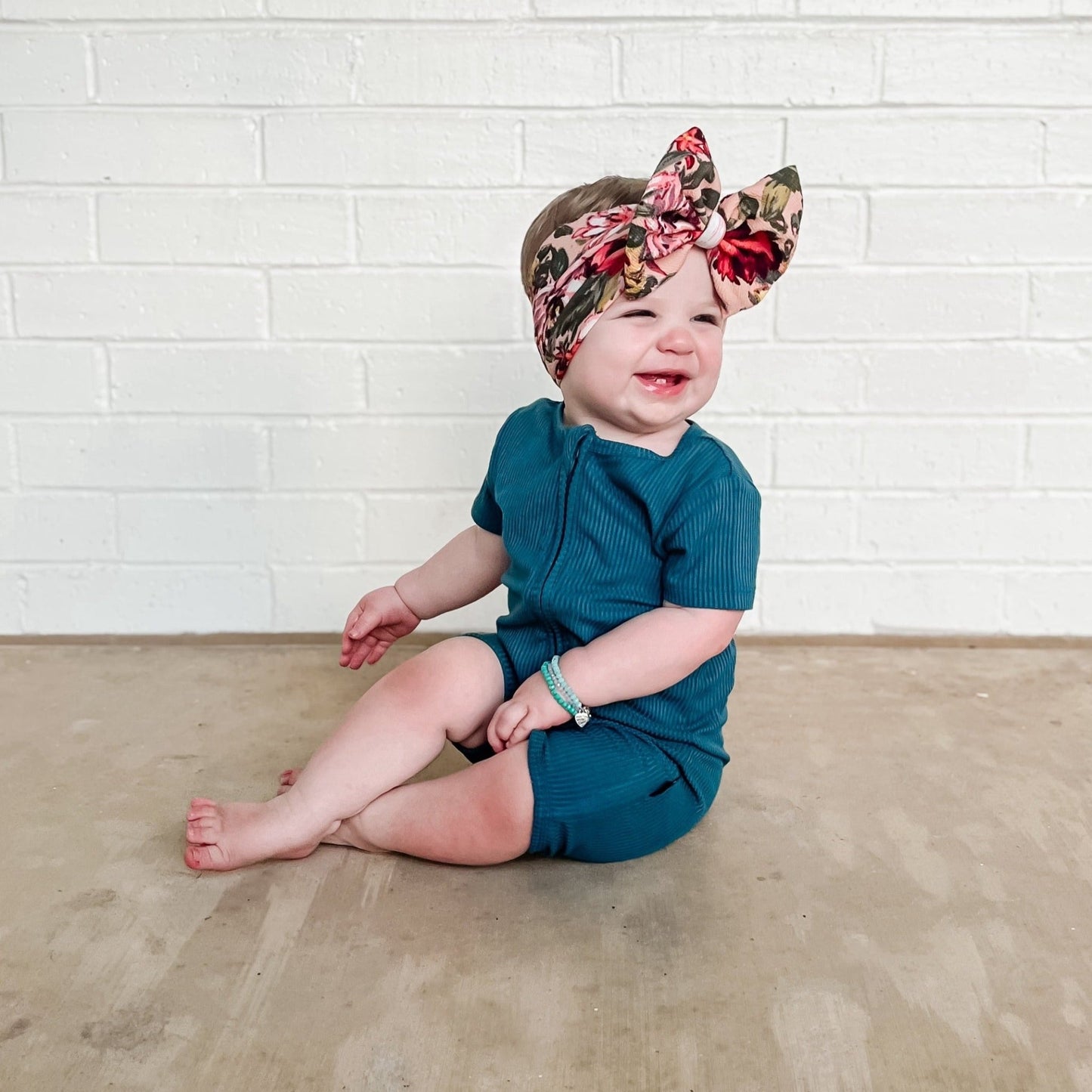 SHORTIE ZIP ROMPER - Peacock Ribbed - Tenth & Pine - shortie zip rompers - rib - 0/3m