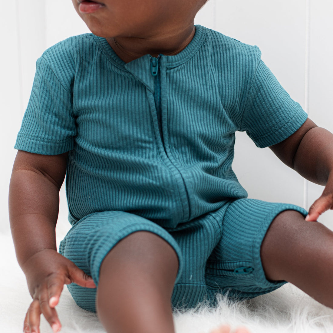 SHORTIE ZIP ROMPER - Peacock Ribbed - Tenth &amp; Pine - shortie zip rompers - rib - 0/3m