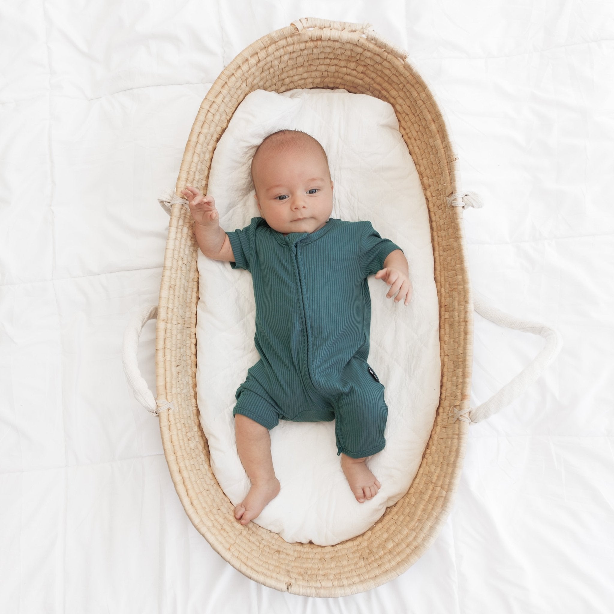 SHORTIE ZIP ROMPER - Peacock Ribbed - Tenth &amp; Pine - shortie zip rompers - rib - 0/3m
