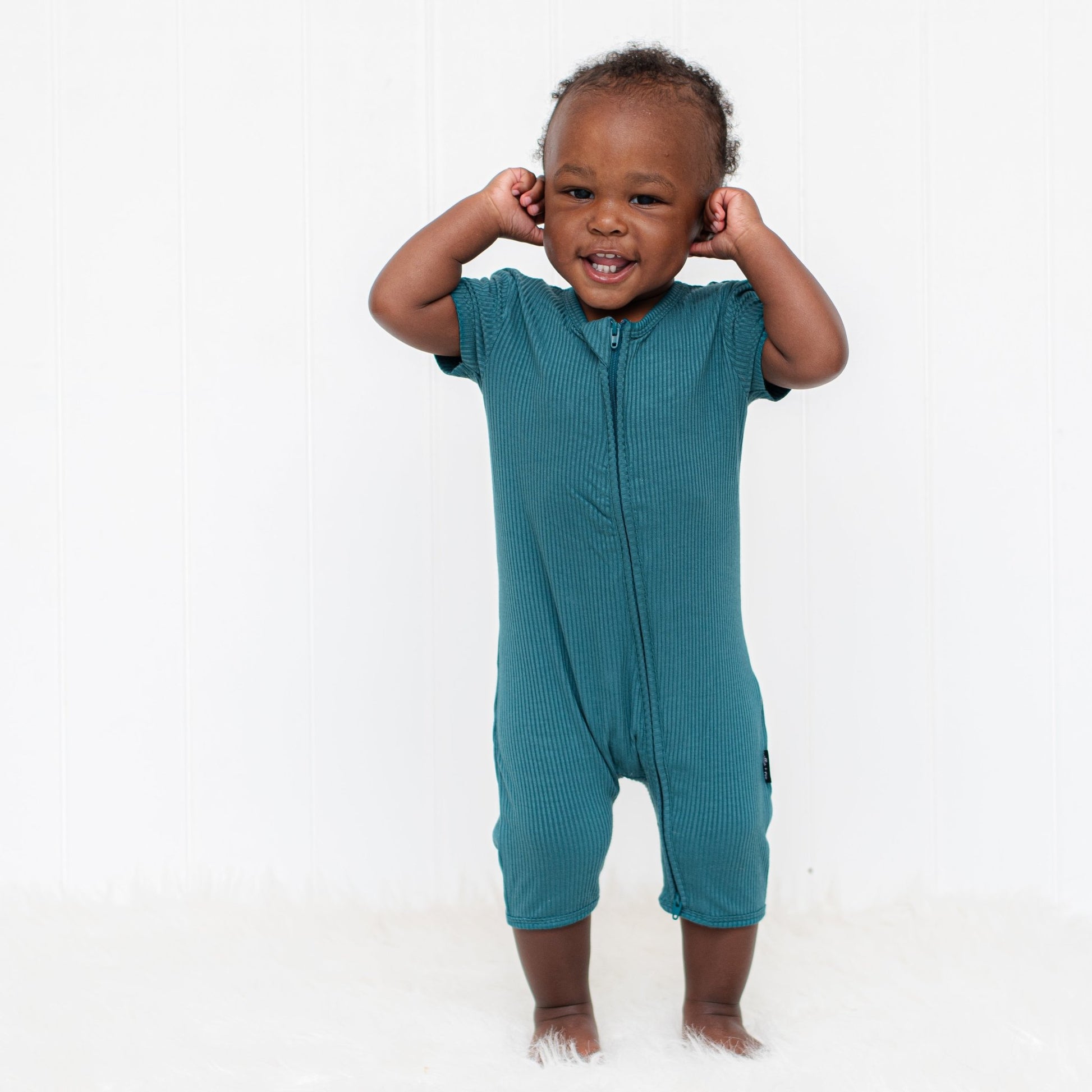 SHORTIE ZIP ROMPER - Peacock Ribbed - Tenth & Pine - shortie zip rompers - rib - 0/3m