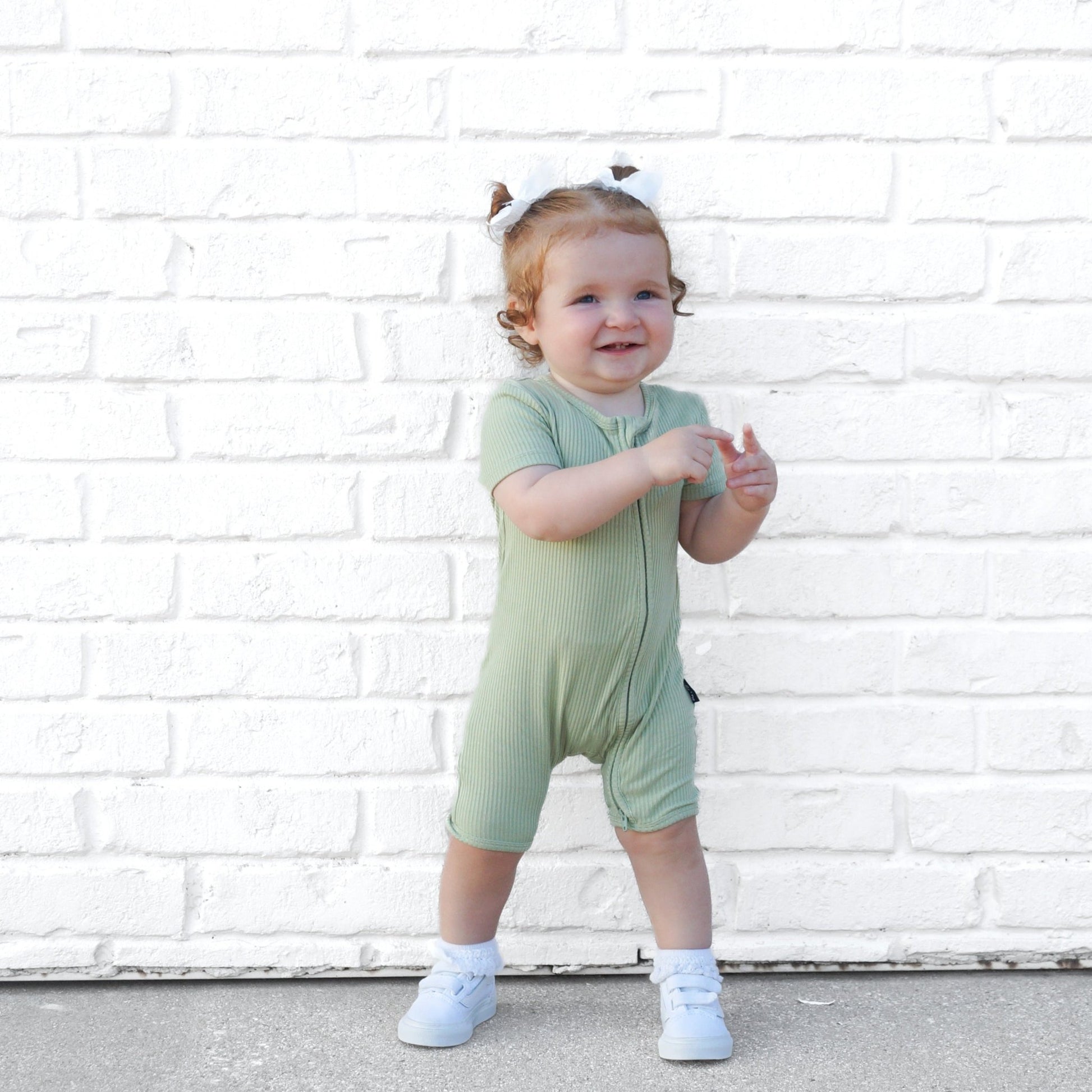 SHORTIE ZIP ROMPER - Pistachio Ribbed - Tenth & Pine - shortie zip rompers - rib - 0/3m