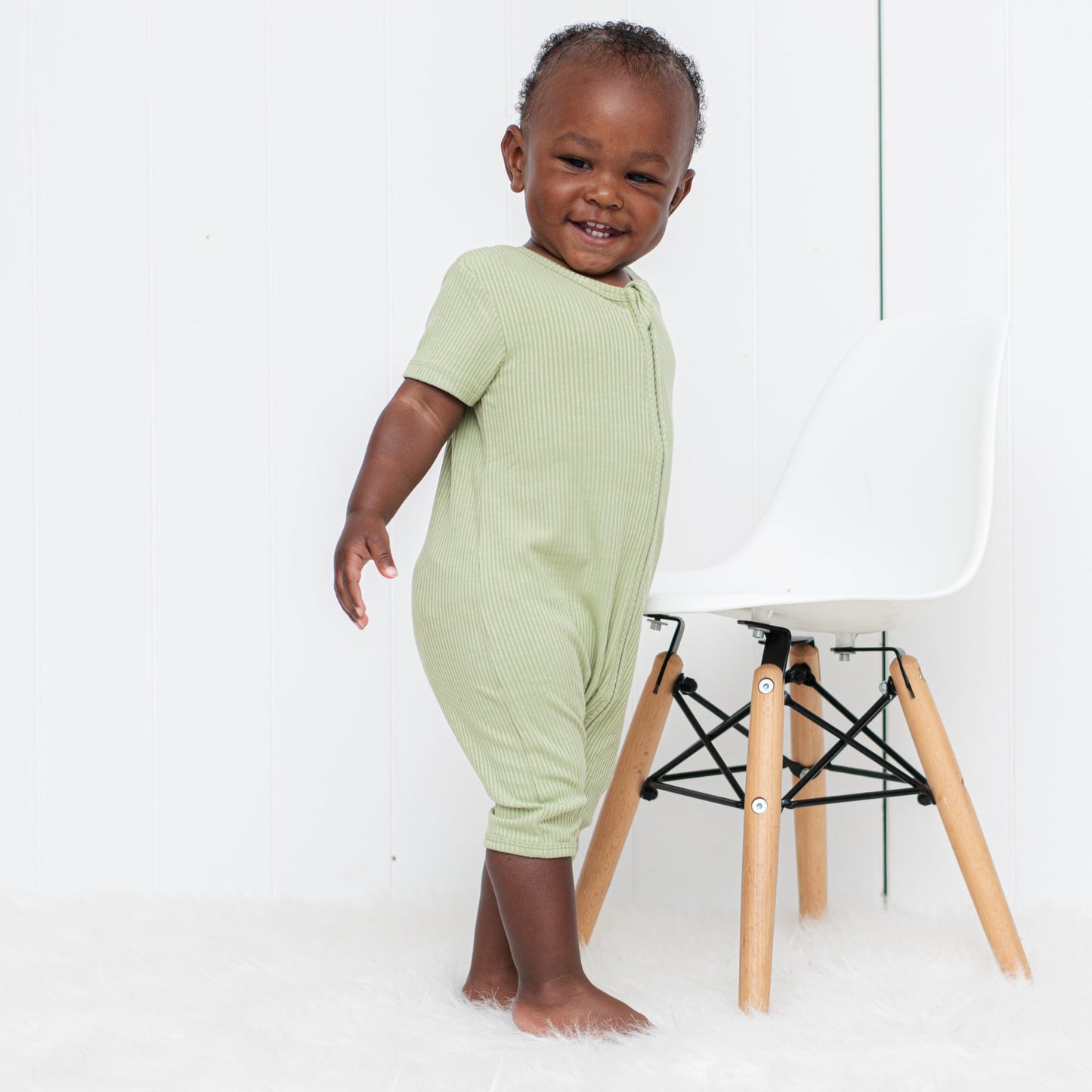 SHORTIE ZIP ROMPER - Pistachio Ribbed - Tenth & Pine - shortie zip rompers - rib - 0/3m