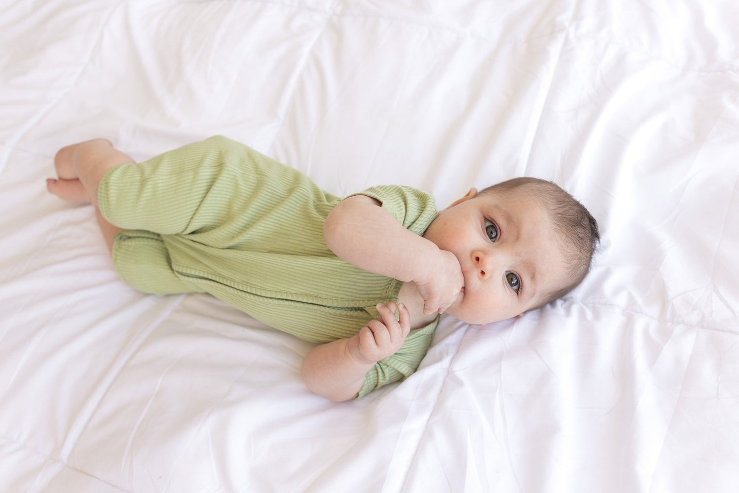 SHORTIE ZIP ROMPER - Pistachio Ribbed - Tenth &amp; Pine - shortie zip rompers - rib - 0/3m